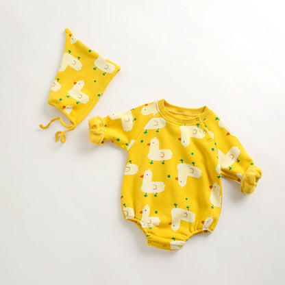 Baby 1pcs Cartoon Duck Print Button Front Rompers &amp; Onesies With Triangle Hats-2