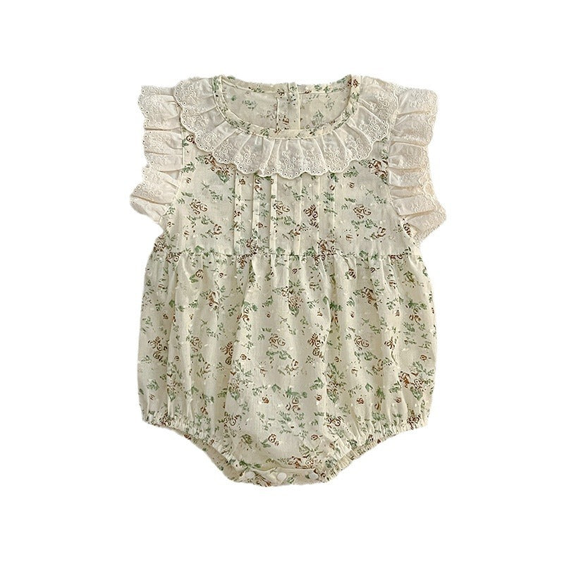 Summer New Arrival Baby Floral Vine Pattern Fly Sleeves Onesies For Girls With Hollow Out Collar-4