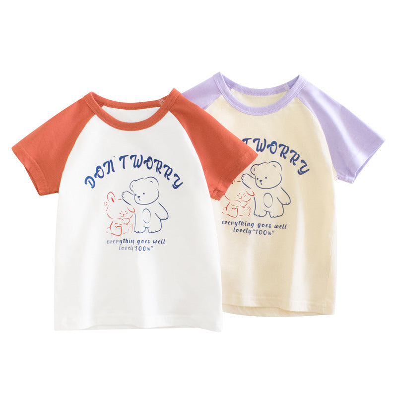 Baby Print Pattern Colorblock Design O-Neck Tee-0