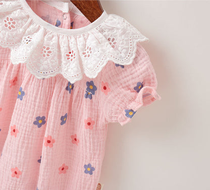 Baby Girl Floral Print Ruffles Collar Short-Sleeved Onesies-5