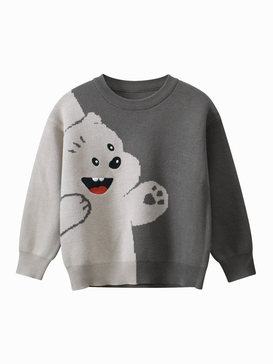 Baby Boy Kids Bear Pattern Crew Neck Long Sleeves Color Patchwork Knitwear Pullover-0