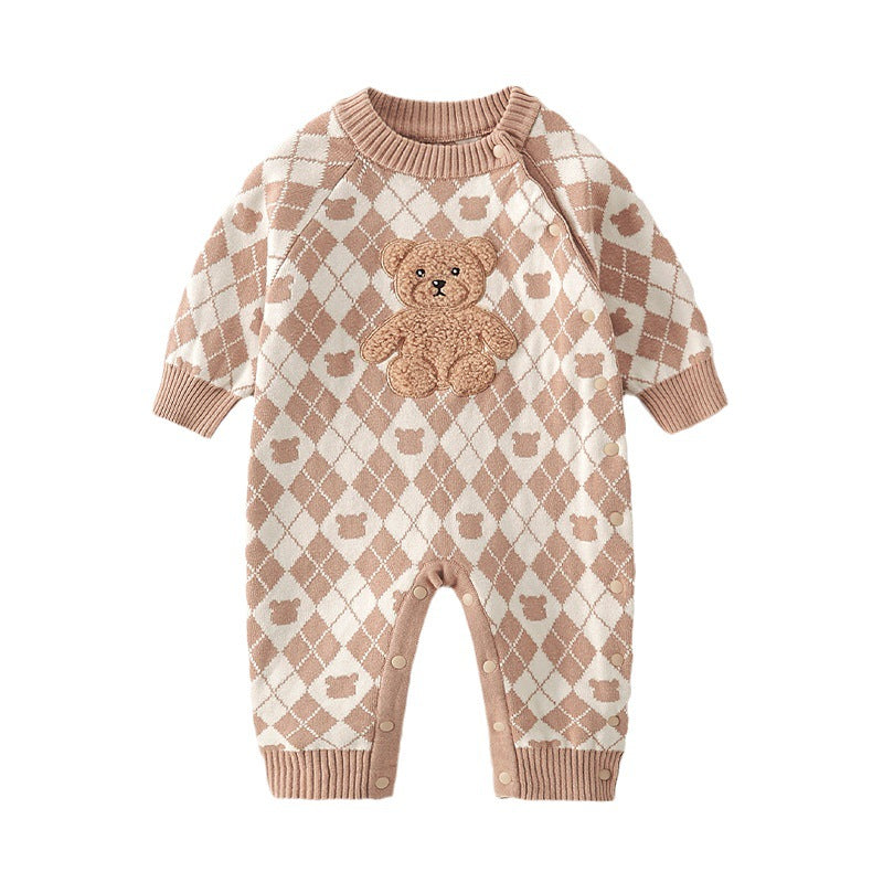 Geometric Pattern Cartoon Bear Patched Design Romper-4