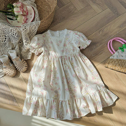 French Design Summer Baby Kids Girls Short Sleeves Square Neck Floral Dress-4