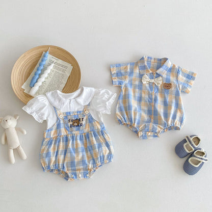 Summer Boys And Girls Yellow-Blue Plaid Teddy Pattern Onesies – Brother And Sister Matching Set-0