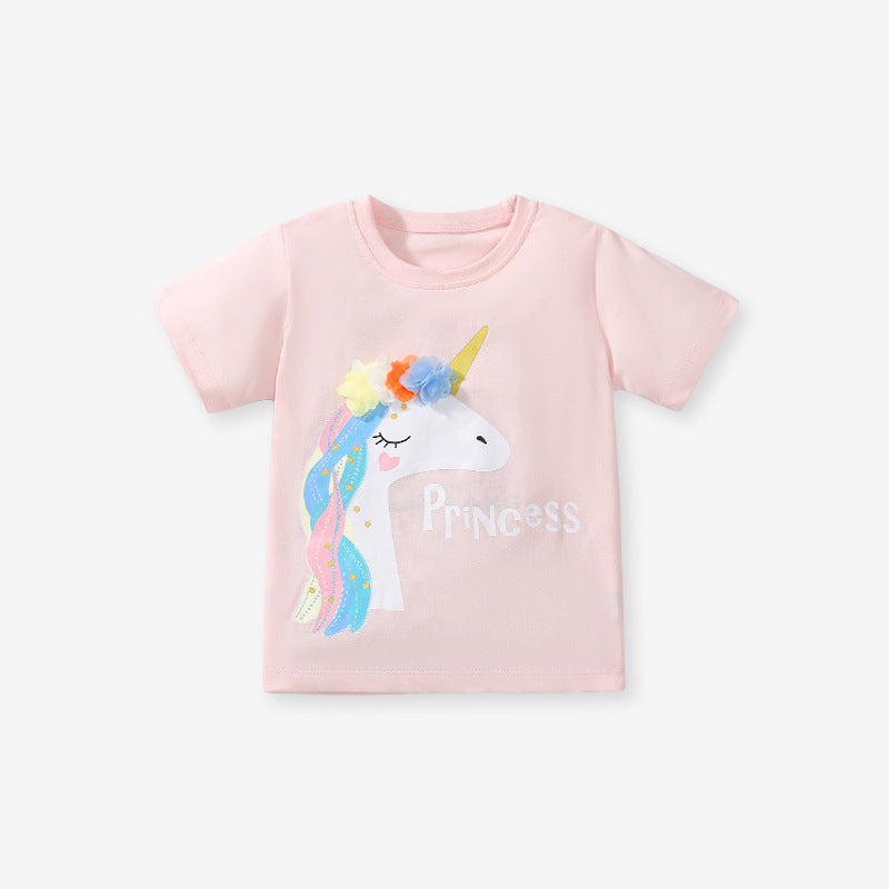 Girls’ Princess Unicorn Cartoon Print Short Sleeves T-Shirt In European And American Style For Summer-0