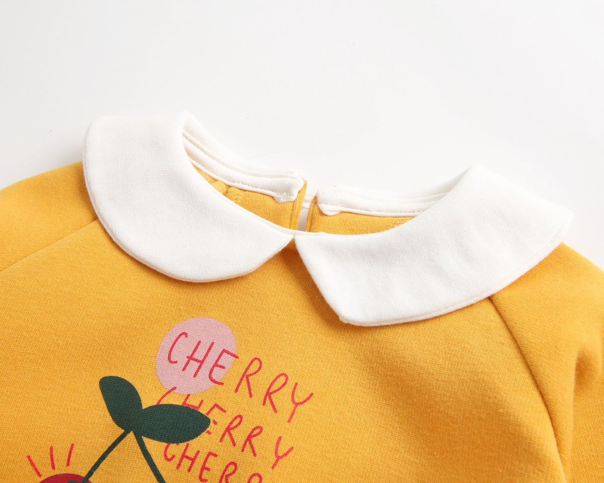 Baby Girl 1pcs Cherry &amp; Slogan Pattern Doll Neck Longsleeve Onesies-5