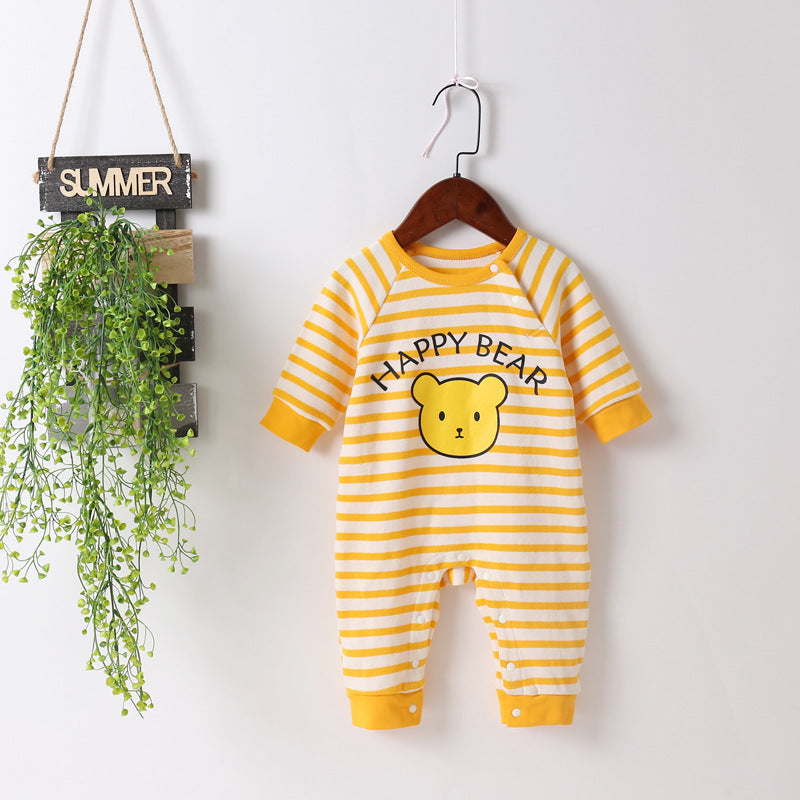 Baby Cartoon Bear &amp; Striped Pattern Crotch Jumpsuit Romper-0