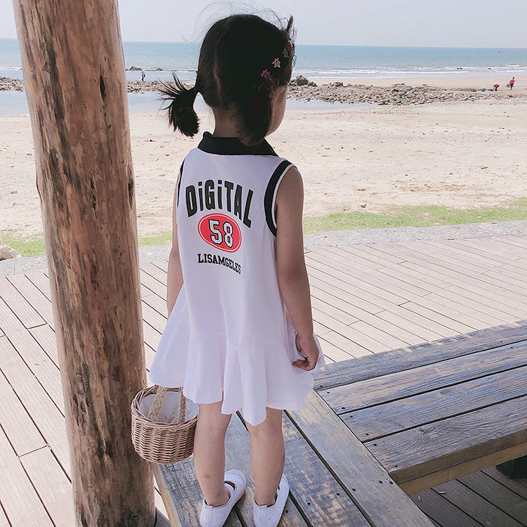 Summer Baby Girls Hot Selling Sleeveless Turndown Collar Sport Design Letters Print Dress-5