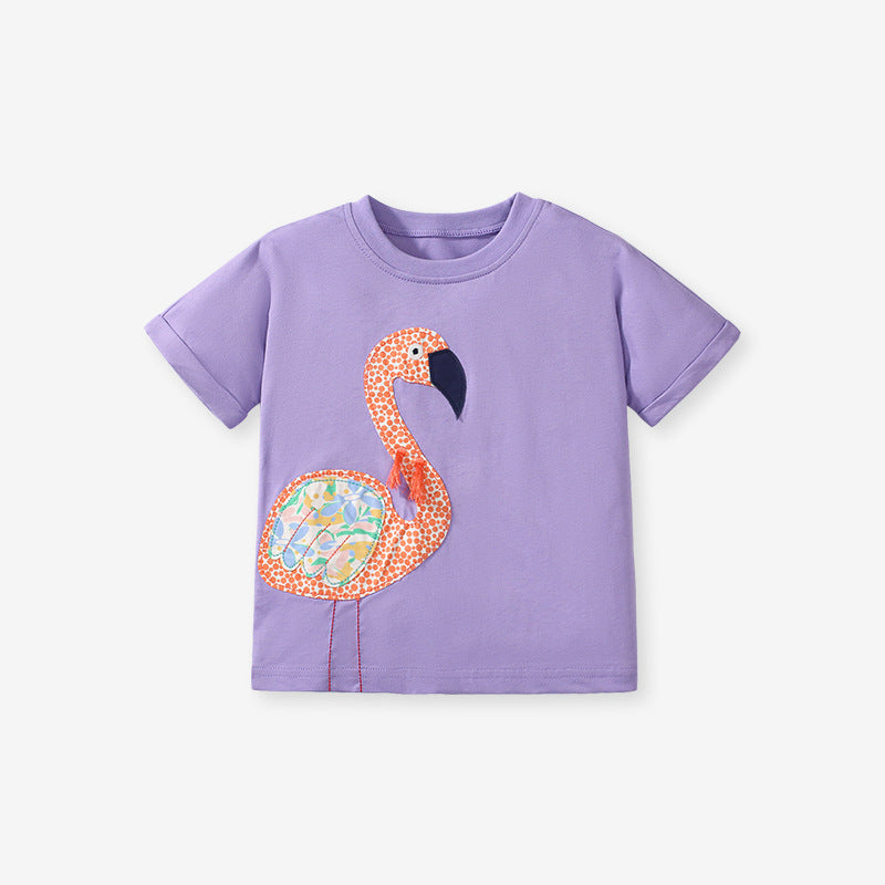 Girls’ Flamingo Cartoon Pattern Short Sleeves T-Shirt In European And American Style For Summer-4