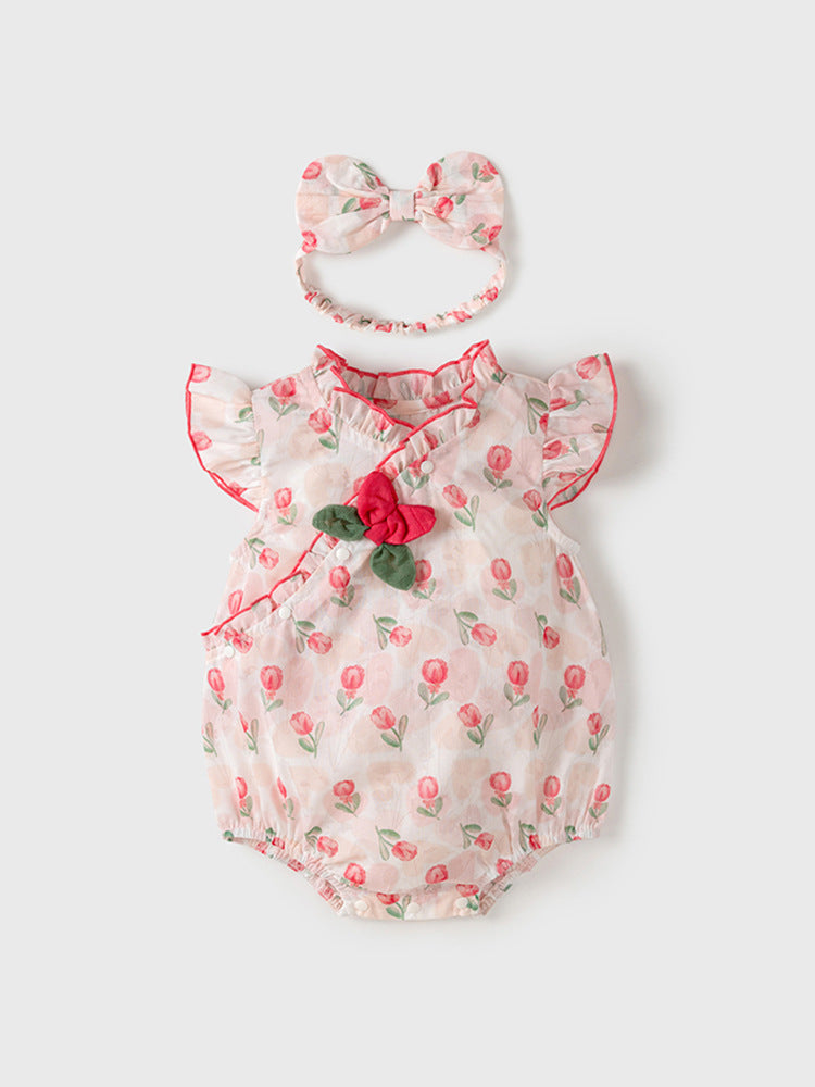 Summer New Design Baby Girls Red Rose Flowers Pattern Fly Sleeves Ruffle Neck Sweet Cute Onesies-1