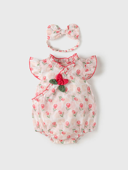 Summer New Design Baby Girls Red Rose Flowers Pattern Fly Sleeves Ruffle Neck Sweet Cute Onesies-1