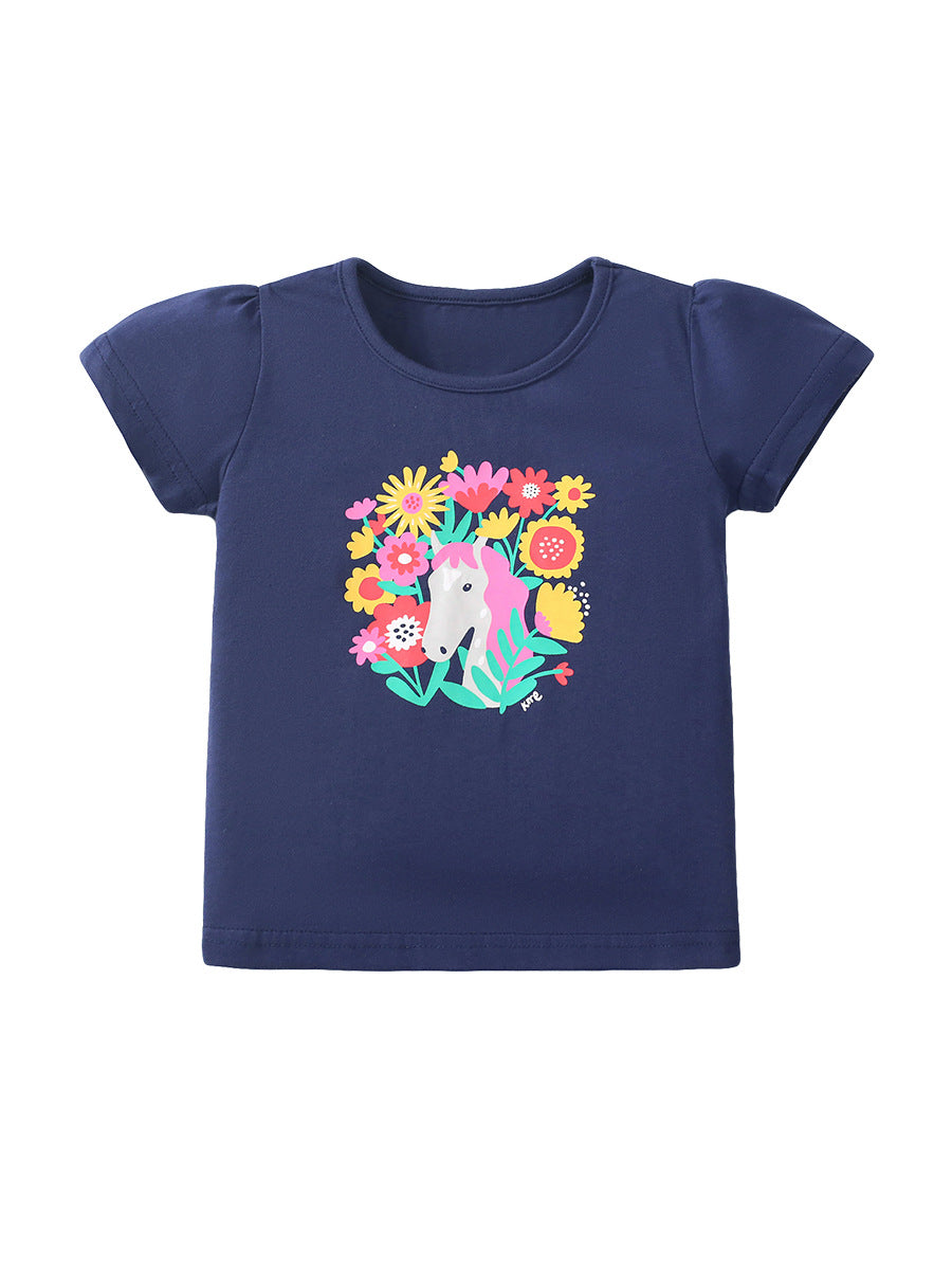 Crew Neck Floral Horse Cartoon Girls’ T-Shirt In European And American Style For Summer-5