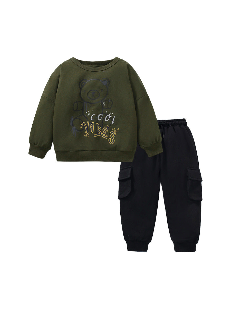 Baby Boys Kids Teddy Cartoon And Letters Printing Pattern Pullover And Solid Color Pants Two-Piece Homewear For Kids-4