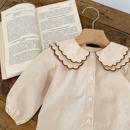 Baby Girl Solid Color Doll Neck Shirt Strap Onesies-5