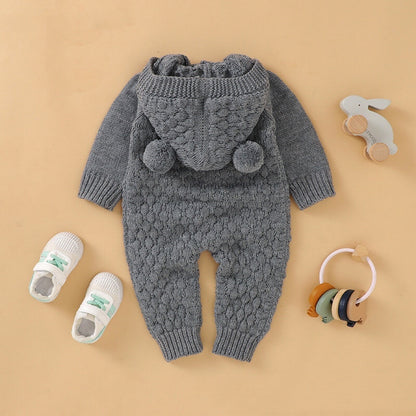 Baby 1pcs Cable Knitted Graphic Button Front Design Rompers With Hairball Patched Hat-4