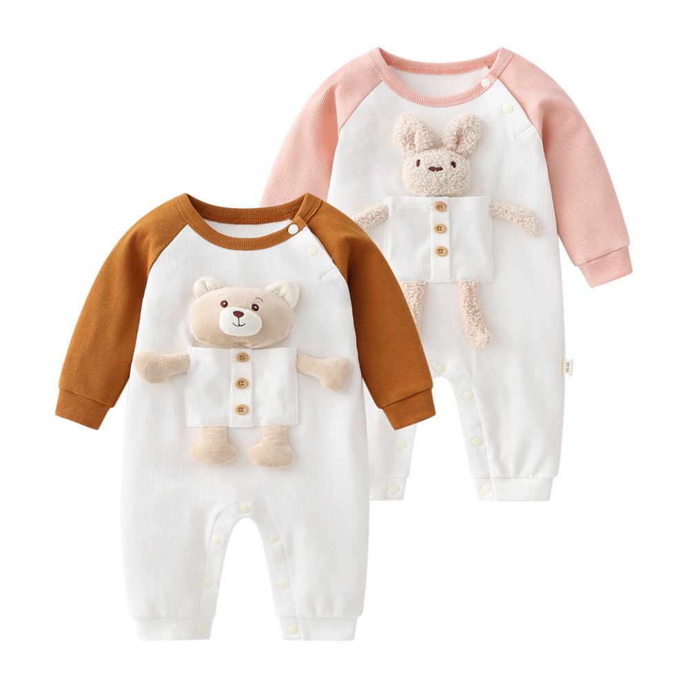 Baby 3D Cartoon Animal Patchwork Design Color Matching Long-Sleeved Rompers-0