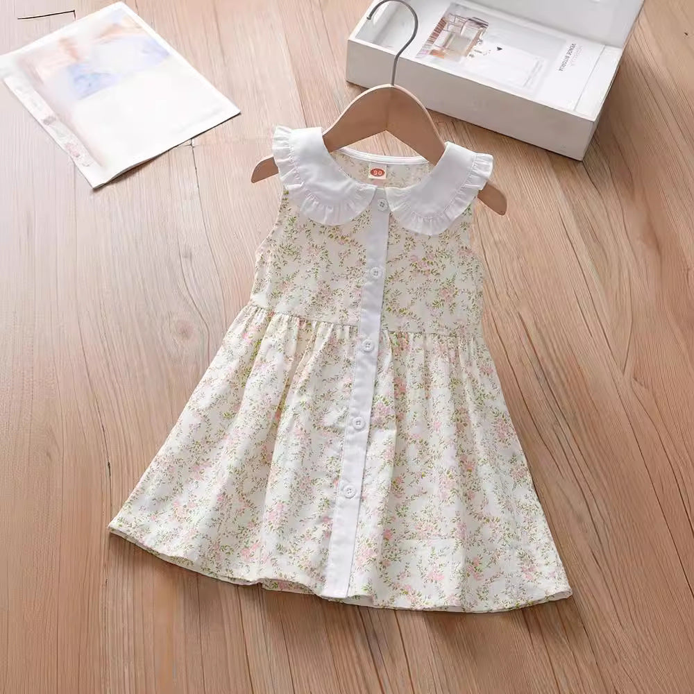 Summer Baby Kids Girls Sleeveless Single Breasted Simple Floral Print Princess Dress-4