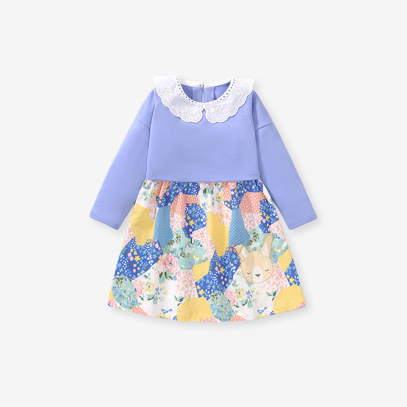 Spring Baby Grils Kids Long Sleeve Cartoon Patchwork Design Dress-4