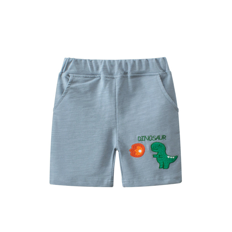 Dinosaur Pattern Solid Color Summer Shorts-5