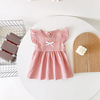 New Arrival Summer Baby Girls Plaid Fly Sleeves Dress With Bow-4