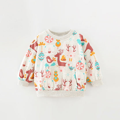 Baby Girl Deer Print Pattern O-Neck Fashion Hoodie-0