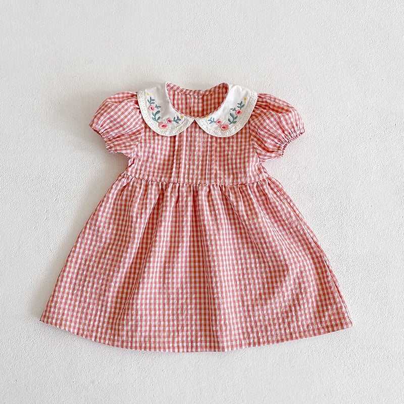 Summer Girls Flowers Embroidery Collar Plaid Onesies And Girls’ Dress – Princess Sister Matching Set-5