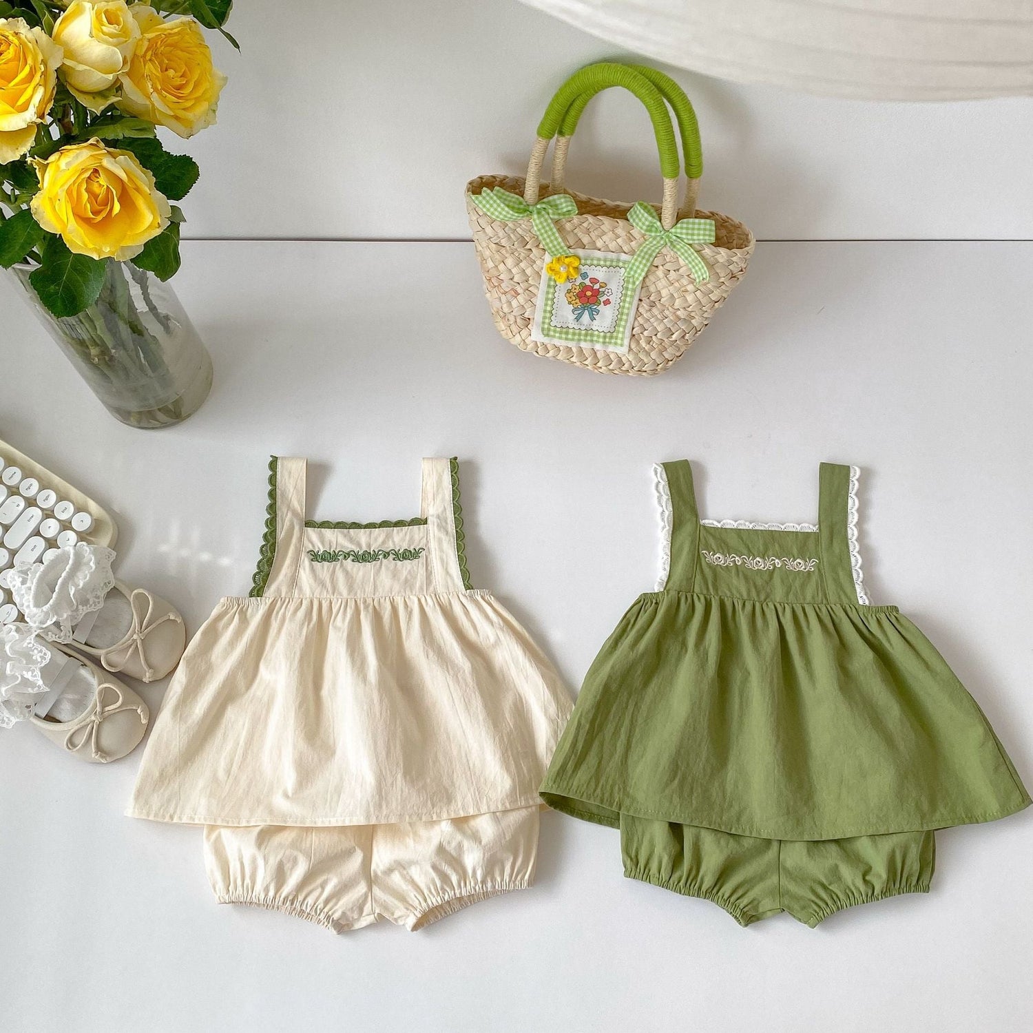 Baby Girl Embroidery Pattern Sling Tops With Shorts Sets-0