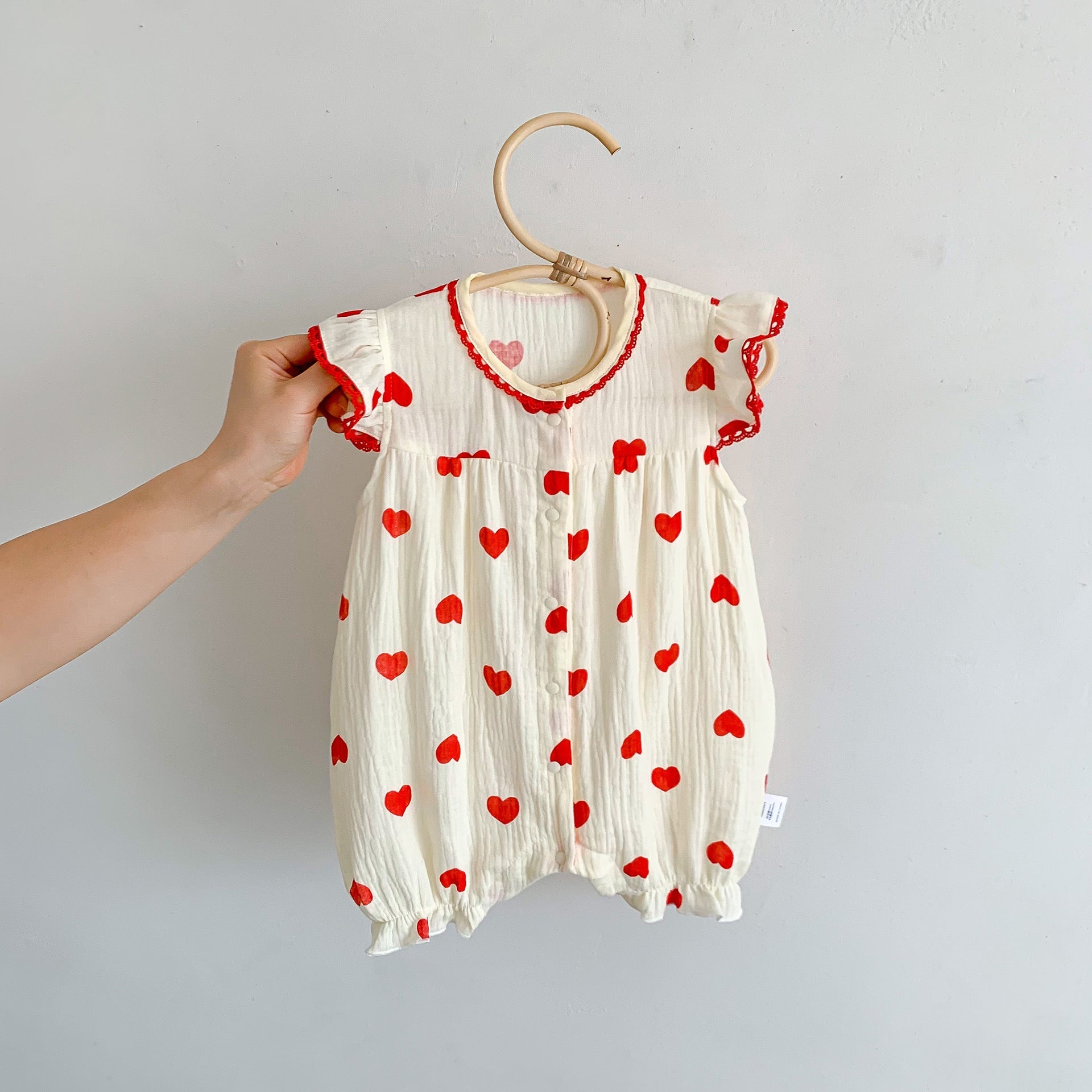 Best Selling Summer Baby Kids Girls Red Heart Pattern Fly Sleeves Romper-5