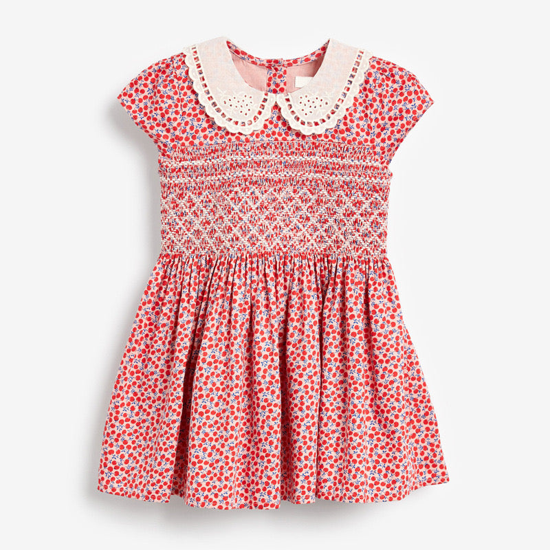 Baby Girl Ditsy Flower Print Hollow Carved Neck Knitted Waist Dress-4