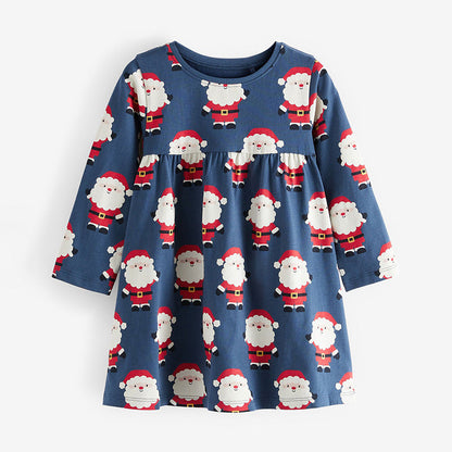 Santa Claus Pattern Long Sleeve Cotton Dress-4