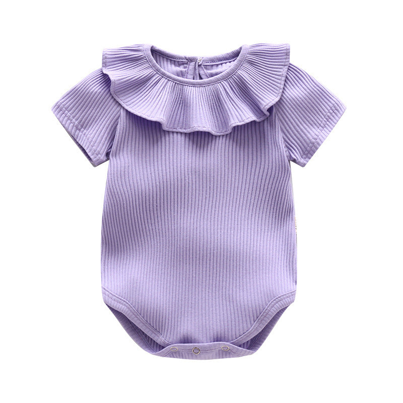 Baby Girl Solid Color Ruffle Design Short Sleeve O-Neck Onesies-5