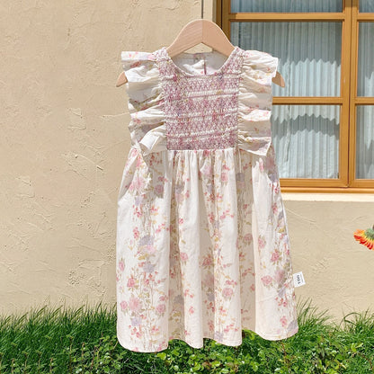 Summer New Arrival Baby Kids Girls Sleeveless Flowers Pattern Crew Neck Princess Dress-5