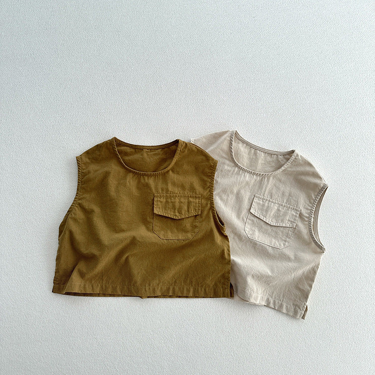 New Arrival Kids Unisex Crew Neck Sleeveless Thin Solid Color Top Vest With Pocket-4
