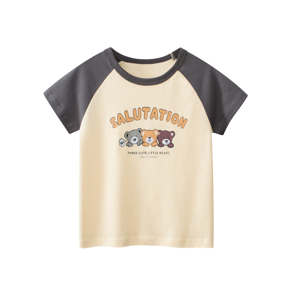 Boys’ Animal And Letters Print Color Patchwork T-Shirt In European And American Style-3