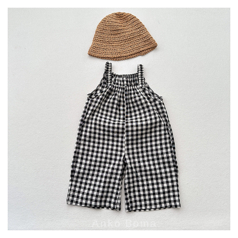 New Arrival Summer Baby Kids Girls Black Plaid Cotton Overalls-0