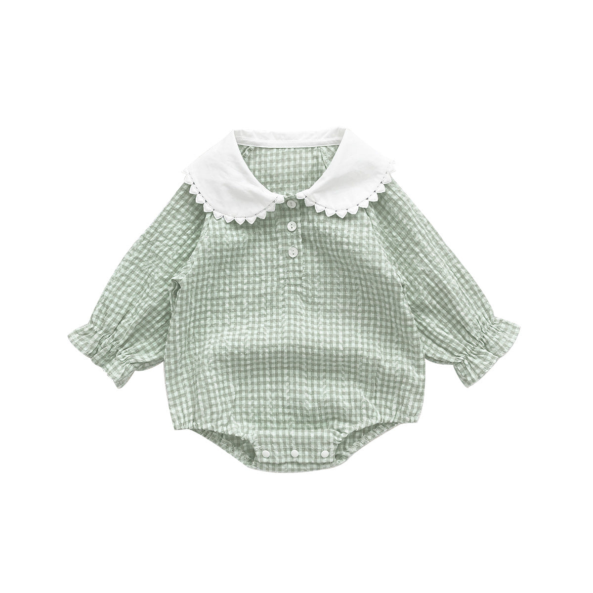 Spring New Arrival Baby Girls Green Plaid Onesie-5