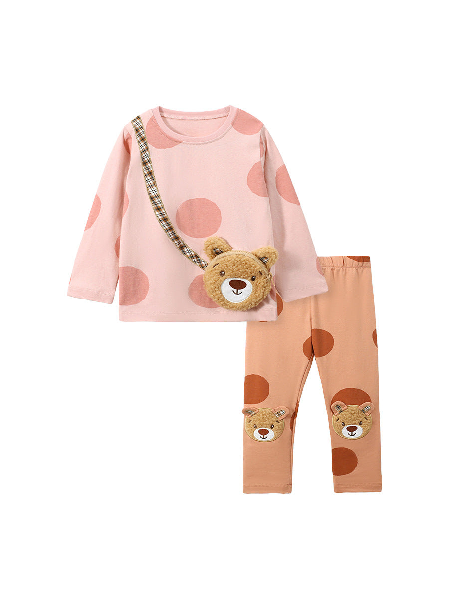 Spring Girls Teddy Bear Pocket Bag Top Sweatshirt And Pants 2-Piece Set-5