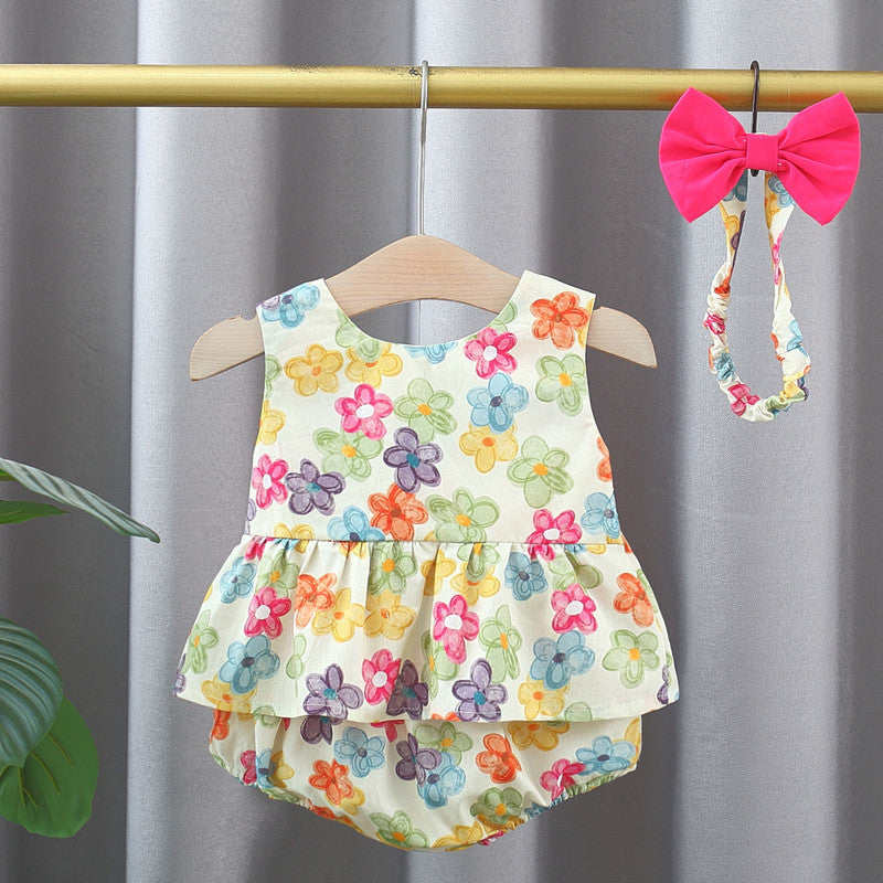 Summer Baby Kids Girls Colorful Flowers Pattern Sleeveless Top Dress And Bloomers And Hairband Clothing Set-0