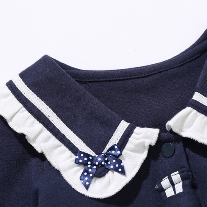 Baby Girl Solid Color Tie Dye Patched Design Doll Neck Sailor Style Onesies Bodysuit-5