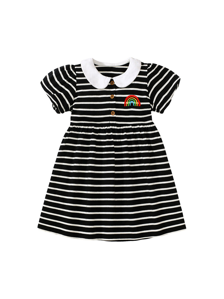 Baby Girls Peter Pan Collar Short Sleeves Striped Rainbow Logo Dress-5