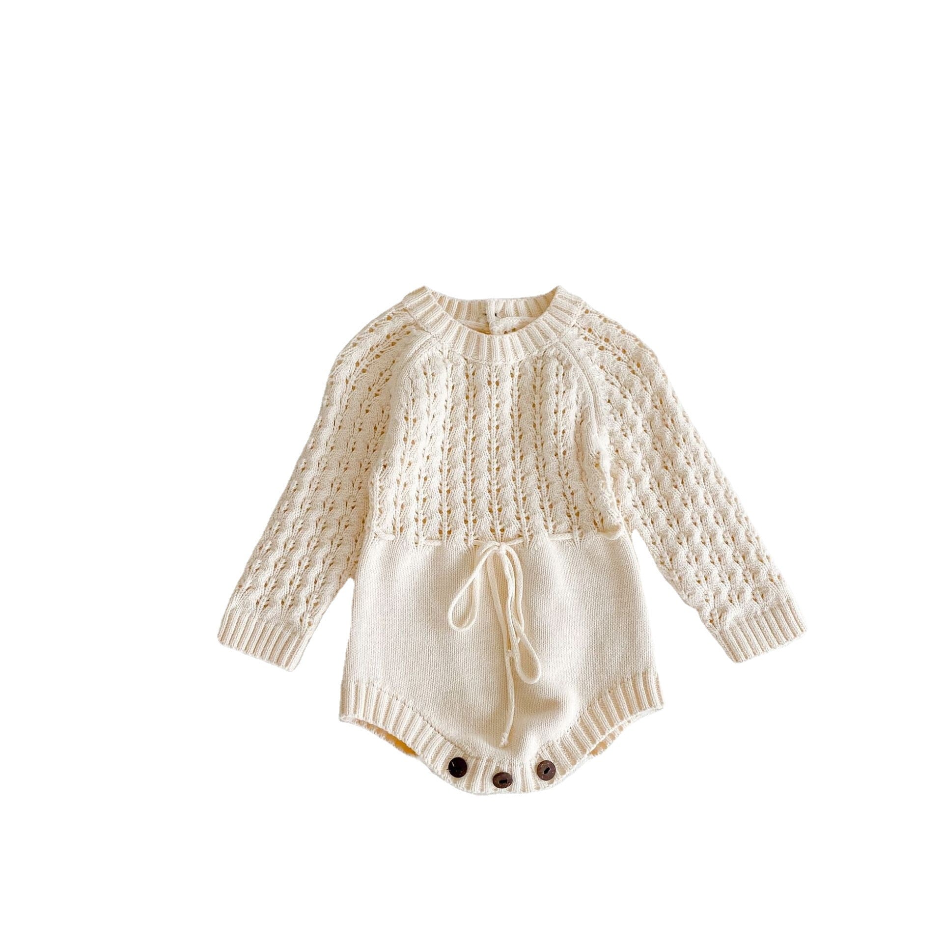 Baby Girl 1pcs Hollow Carved Hand Knitted Fabric Belted Waist Long Sleeve Crotch Onesies-4