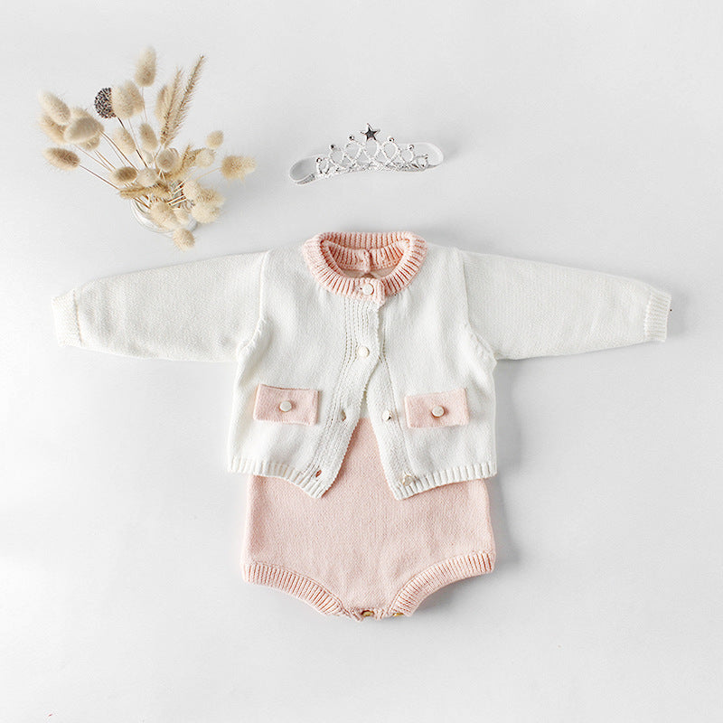 Baby Girl 1pcs Contrast Longsleeve Knit Bodysuit &amp; Cardigan 1-Pieces Sets-0