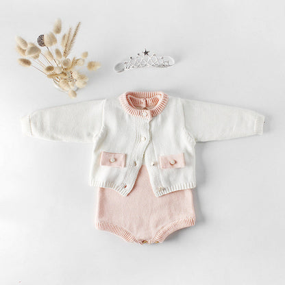 Baby Girl 1pcs Contrast Longsleeve Knit Bodysuit &amp; Cardigan 1-Pieces Sets-0