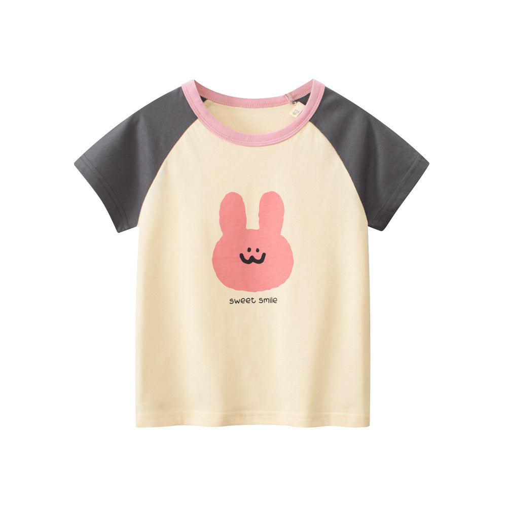 Rabbit Sweet Smile Print Girls’ Patchwork T-Shirt In European And American Style For Summer-0