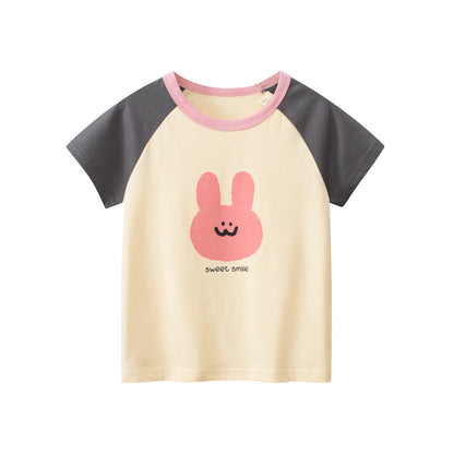 Rabbit Sweet Smile Print Girls’ Patchwork T-Shirt In European And American Style For Summer-0