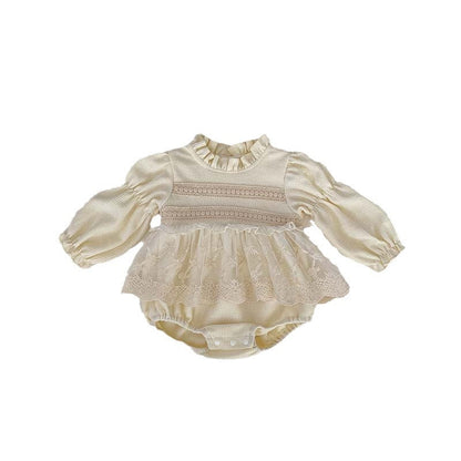 Baby Girls Long Sleeves Embroidery Lace Trim Onesie-5