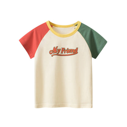 Boys’ Letters Print Color Patchwork T-Shirt In European And American Style-0