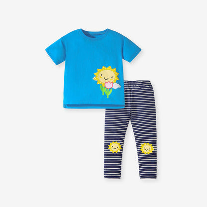 Summer Baby Kids Girls Sunflower Print Short Sleeves T-Shirt And Striped Pants Clothing Set-0