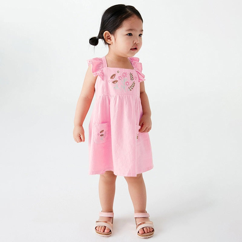 Baby Kids Girls Pink Square Neck Floral Embroidered Fly Sleeves Strap Dress-0