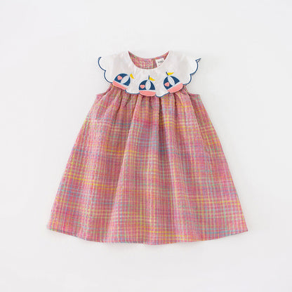 New Design Summer Baby Kids Girls Navy Style Sleeveless Plaid Dress-0